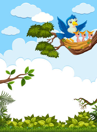 Chicks and its mother bird in nature illustrationのイラスト素材