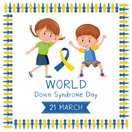World Down Syndrome on 21 March with two kids and yellow - blue ribbon sign illustrationのイラスト素材