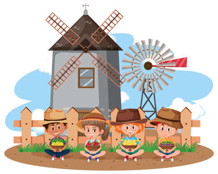 Children in farm scene with windmill on white background illustrationのイラスト素材