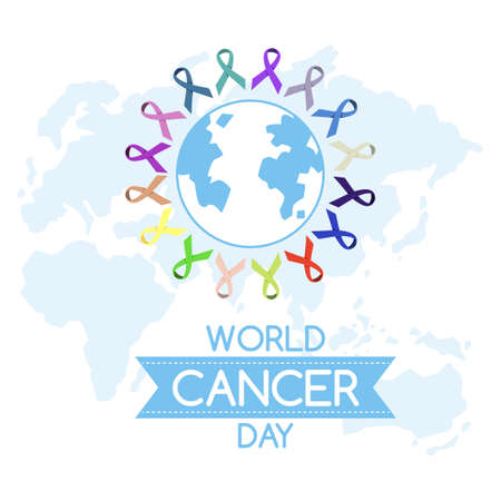 World Cancer Day  banner with many ribbons around the globe illustrationのイラスト素材
