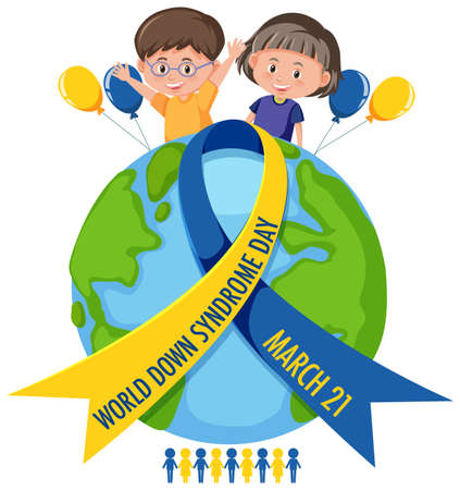 World Down Syndrome on 21 March with two kids and yellow - blue ribbon sign illustrationのイラスト素材