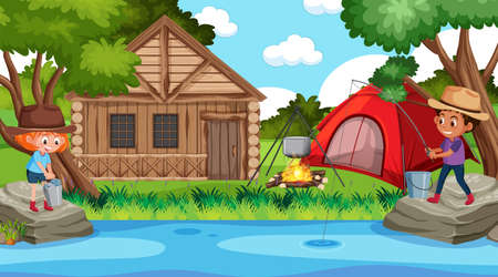 Picnic scene with happy family in the forest illustrationのイラスト素材
