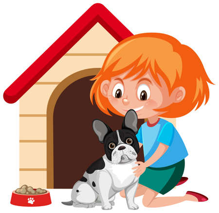 A girl with cute dog and dog house on white background illustrationのイラスト素材