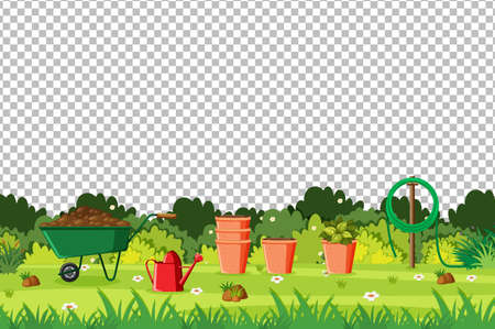 Blank nature garden with garden tools scene landscape on transparent background illustrationのイラスト素材