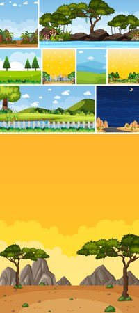 Set of different nature place scene in vertical and horizon scenes at daytime and night illustrationのイラスト素材
