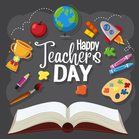 Happy Teacher's Day sign with set of stationary elements on black background illustrationのイラスト素材