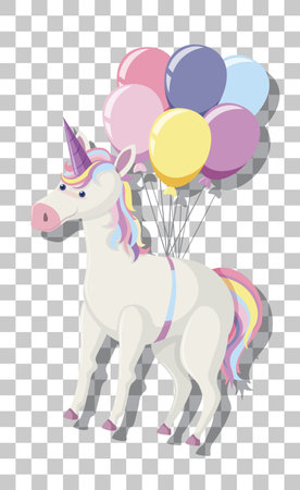 Unicorn with rainbow mane and balloons isolated on transparent background illustrationのイラスト素材