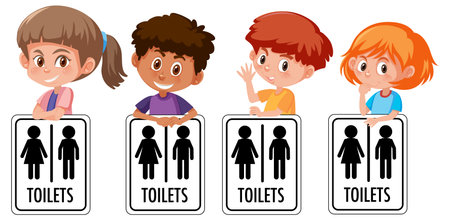 Set of different kid holding toilet sign isolated on white background illustrationのイラスト素材