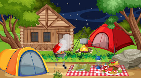 Camping or picnic in the nature park at night scene illustrationのイラスト素材