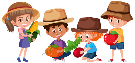 Set of different kids holding fruits or vegetables isolated on white background illustrationのイラスト素材