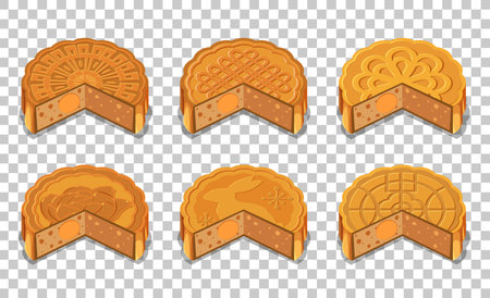 Set of moon cakes isolated on transparent background illustrationのイラスト素材