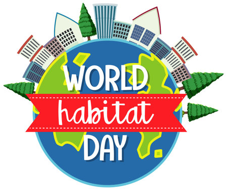 World Habitat Day icon logo with towns or city on globe illustrationのイラスト素材