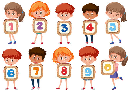 Set of different children holding the numbers isolated on white background illustrationのイラスト素材