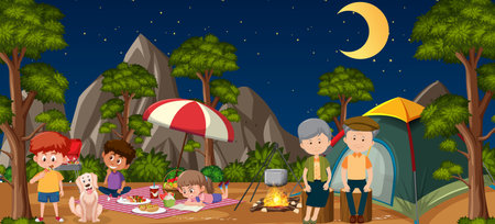 Picnic scene with happy family in the forest illustrationのイラスト素材