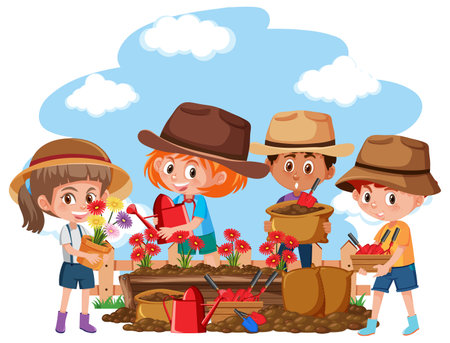 Children in garden scene with flower plants on white background illustrationの写真素材