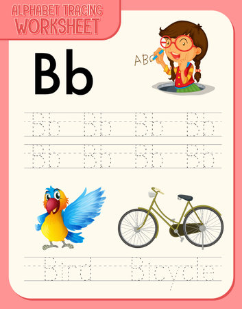 Alphabet tracing worksheet with letter and vocabulary illustrationの写真素材