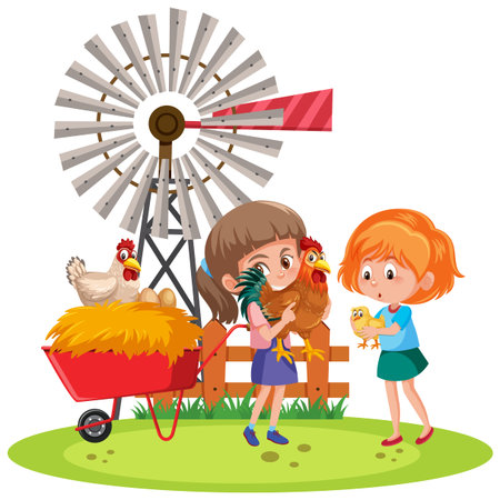 Children holding chicken with farm elements illustrationのイラスト素材