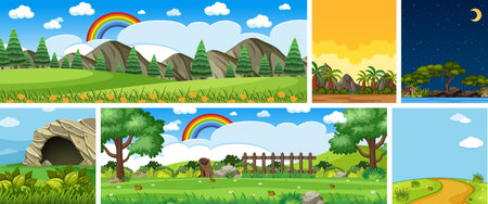 Set of different nature place scene in vertical and horizon scenes at daytime and night illustrationのイラスト素材