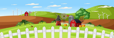 Farm landscape with red barn and close up fence in summer season illustrationのイラスト素材