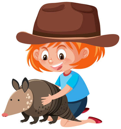 Girl holding cute animal cartoon character isolated on white background illustrationのイラスト素材