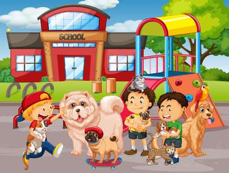 School outdoor scene with group of pet and children illustrationのイラスト素材