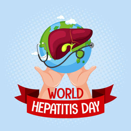World Hepatitis Day logo or banner with hands holding liver and stethoscope on the earth  illustrationのイラスト素材