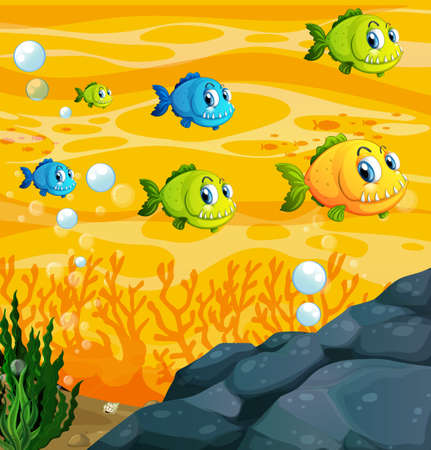 Many exotic fishes cartoon character in the underwater scene with corals illustrationのイラスト素材