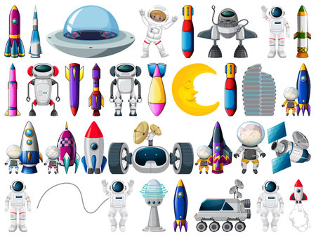 Set of space objects and elements isolated on white background illustration