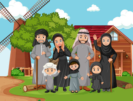 Outdoor scene with member of arab family illustrationのイラスト素材