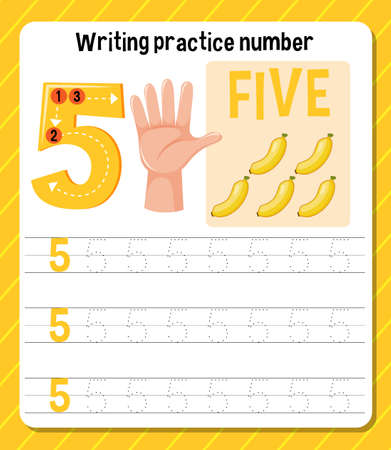 Writing practice number 5 worksheet illustrationのイラスト素材