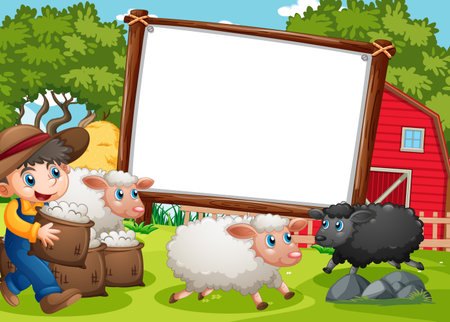 Blank banner in farm scene with a boy and many sheeps illustrationのイラスト素材