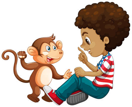 Boy playing with a little monkey isolated on white background illustrationのイラスト素材