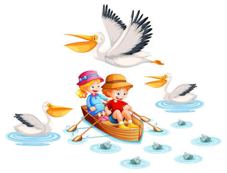 Happy children paddle boat on white background illustrationのイラスト素材