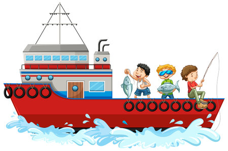 Children fishing from ship isolated on white background illustrationのイラスト素材