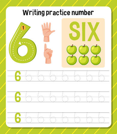 Writing practice number 6 worksheet illustrationのイラスト素材