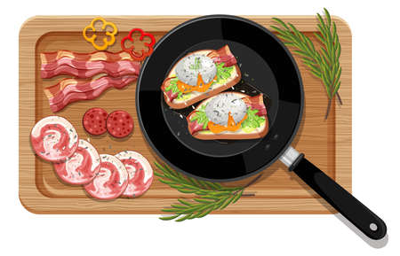 Breakfast set in the pan isolated illustrationのイラスト素材