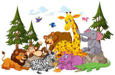 Wild animal group cartoon character on white background illustrationのイラスト素材