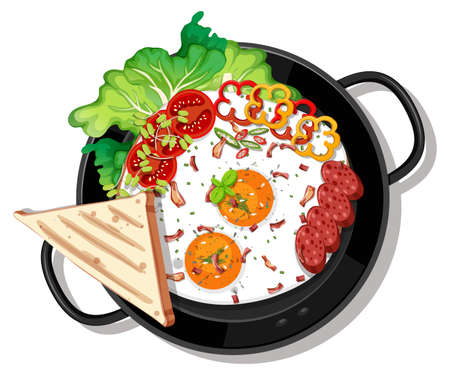 Breakfast set in the pan isolated illustrationのイラスト素材