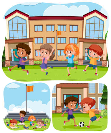 Set of kids at school background illustrationのイラスト素材