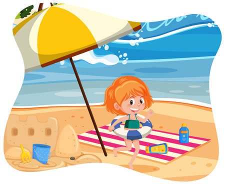Happy girl at the beach illustrationのイラスト素材