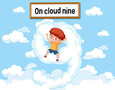 English idiom with picture description for on cloud nine illustrationのイラスト素材