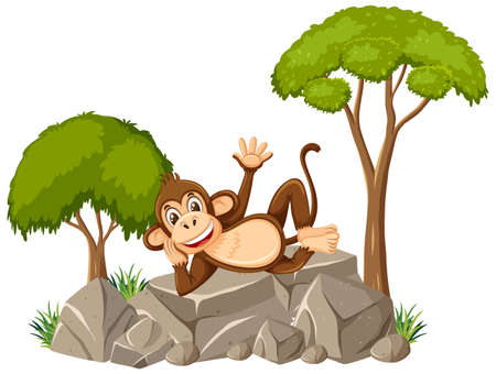 Isolated scene with cute monkey laying on stone illustrationのイラスト素材