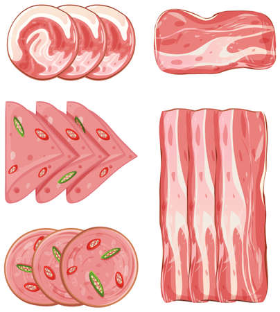 Set of pork product on white background illustrationのイラスト素材
