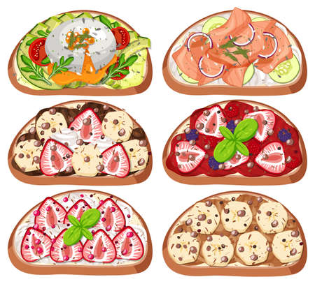 Top view of bread breakfast with topping isolated illustrationのイラスト素材