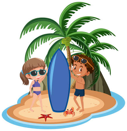 Boy and girl on the island illustrationのイラスト素材