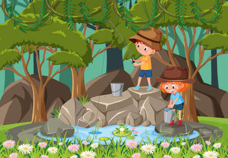 Happy kids at the waterfall illustrationのイラスト素材