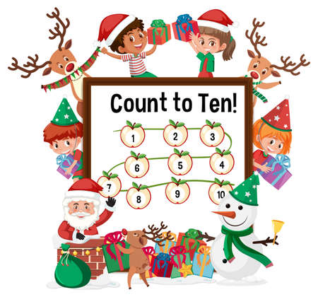 Count to ten number board with many kids in christmas theme illustrationのイラスト素材