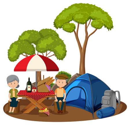 Old couple doing picnic in the park isolated illustrationのイラスト素材