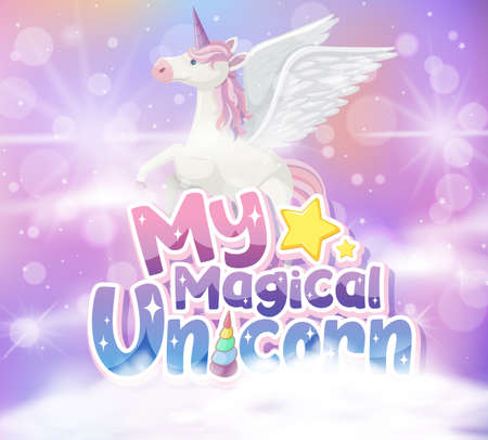 Pegasus with my magical unicorn font on pastel pink background illustrationのイラスト素材