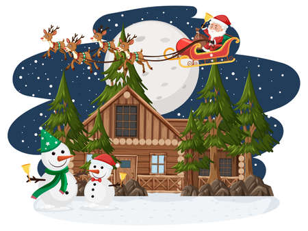 Santa Claus on sleigh flying over the moon illustrationのイラスト素材